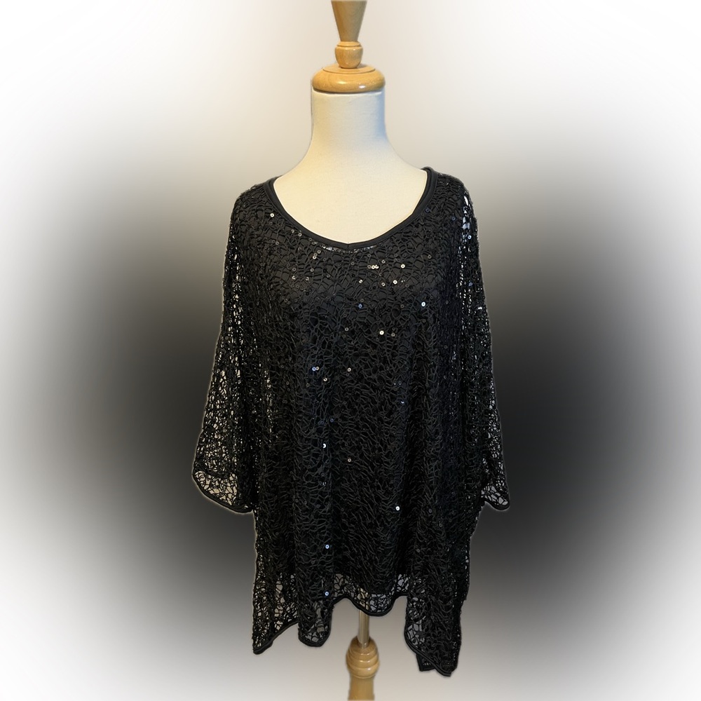 Reba Black Lace Sequin Batwing Top with Tank size L/XL